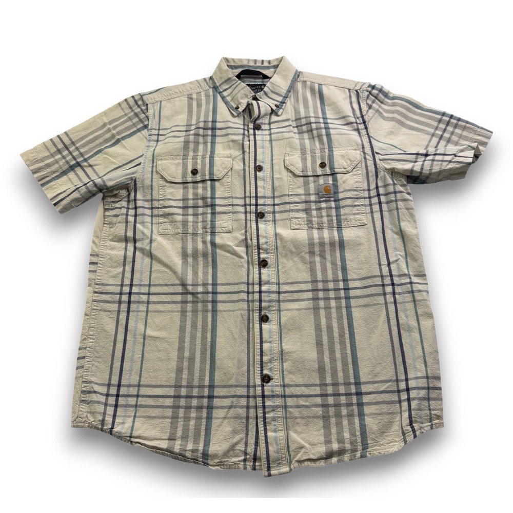 Carhartt Mens Loose Fit Short Sleeve Plaid Button Down Shirt Tan Blue 105175 M